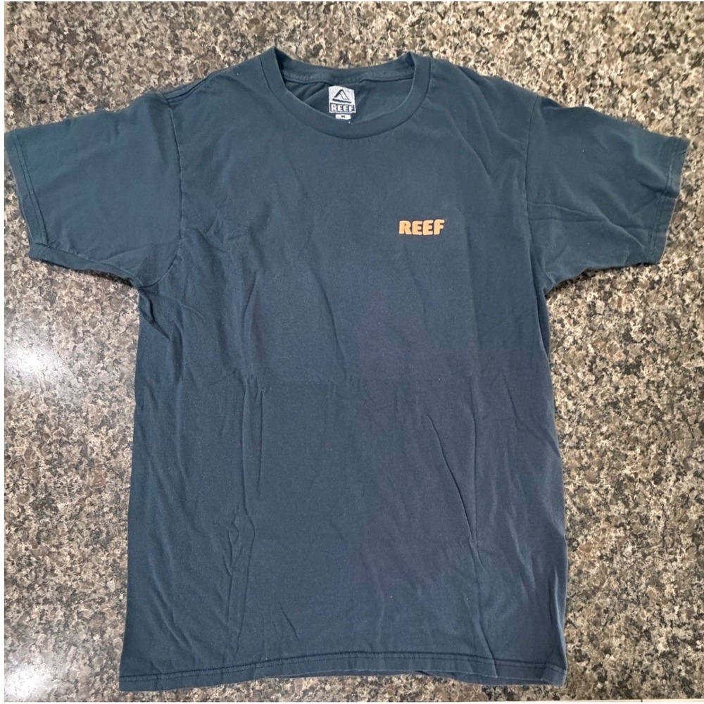 Reef Mens Graphic T-Shirt Medium Blue Gray Sun Wave Surf Short Sleeve Tee